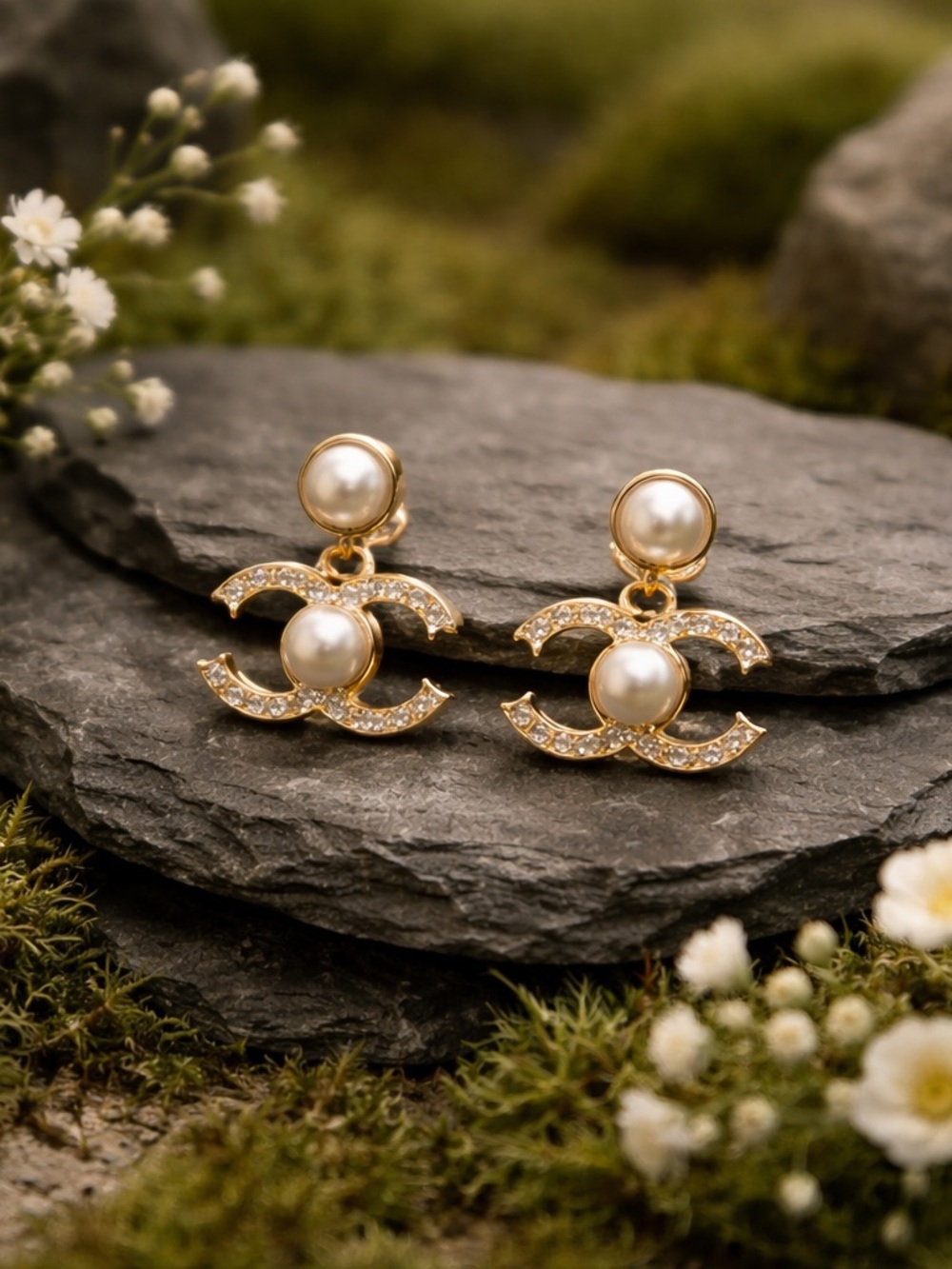 Classic Gold Pearl Logo Drop Earrings - Designer Inspired